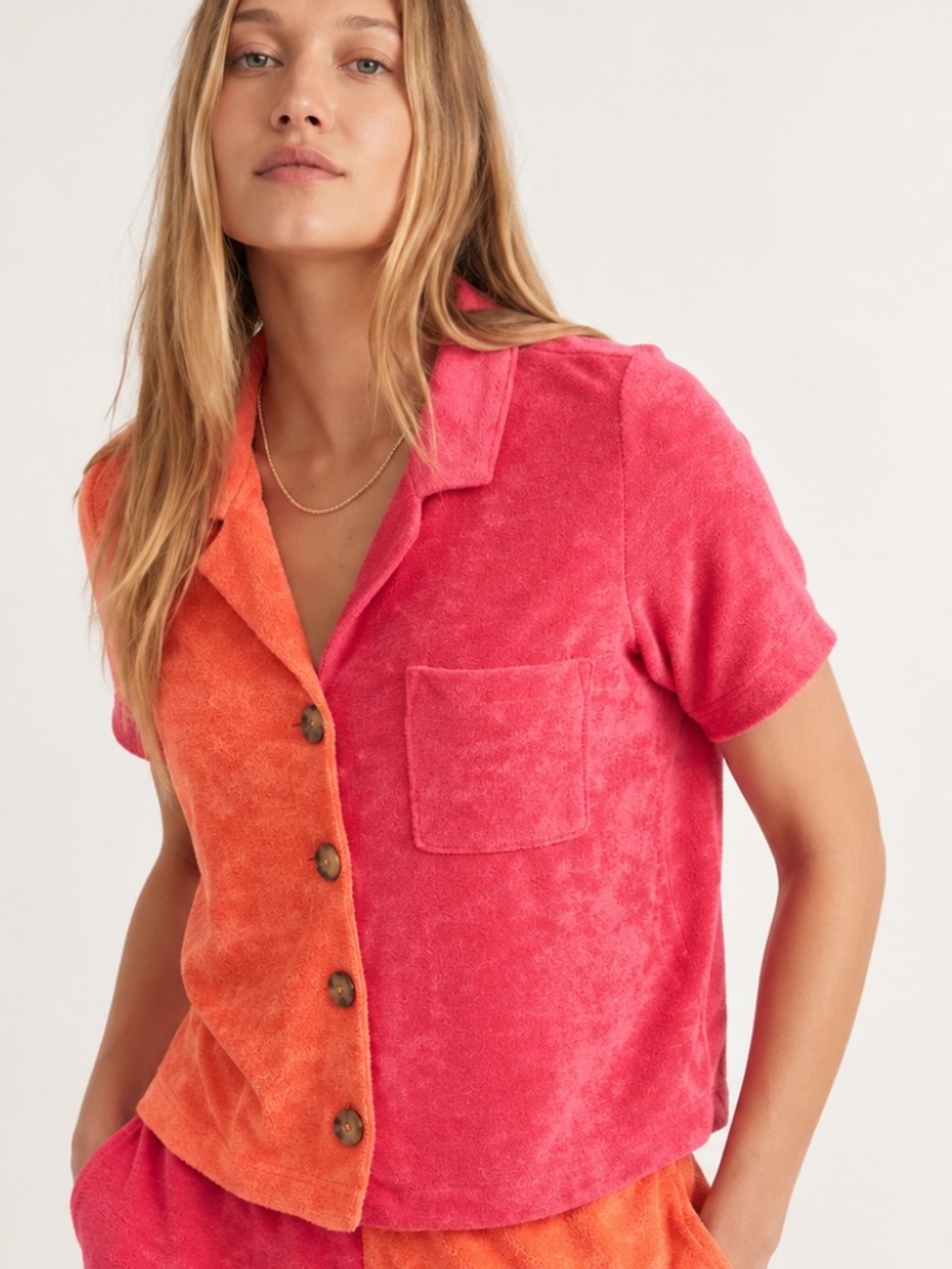 Marine Layer Teddy Knit Colorblock Button-Down Boxy Shirt Orange Pink XL